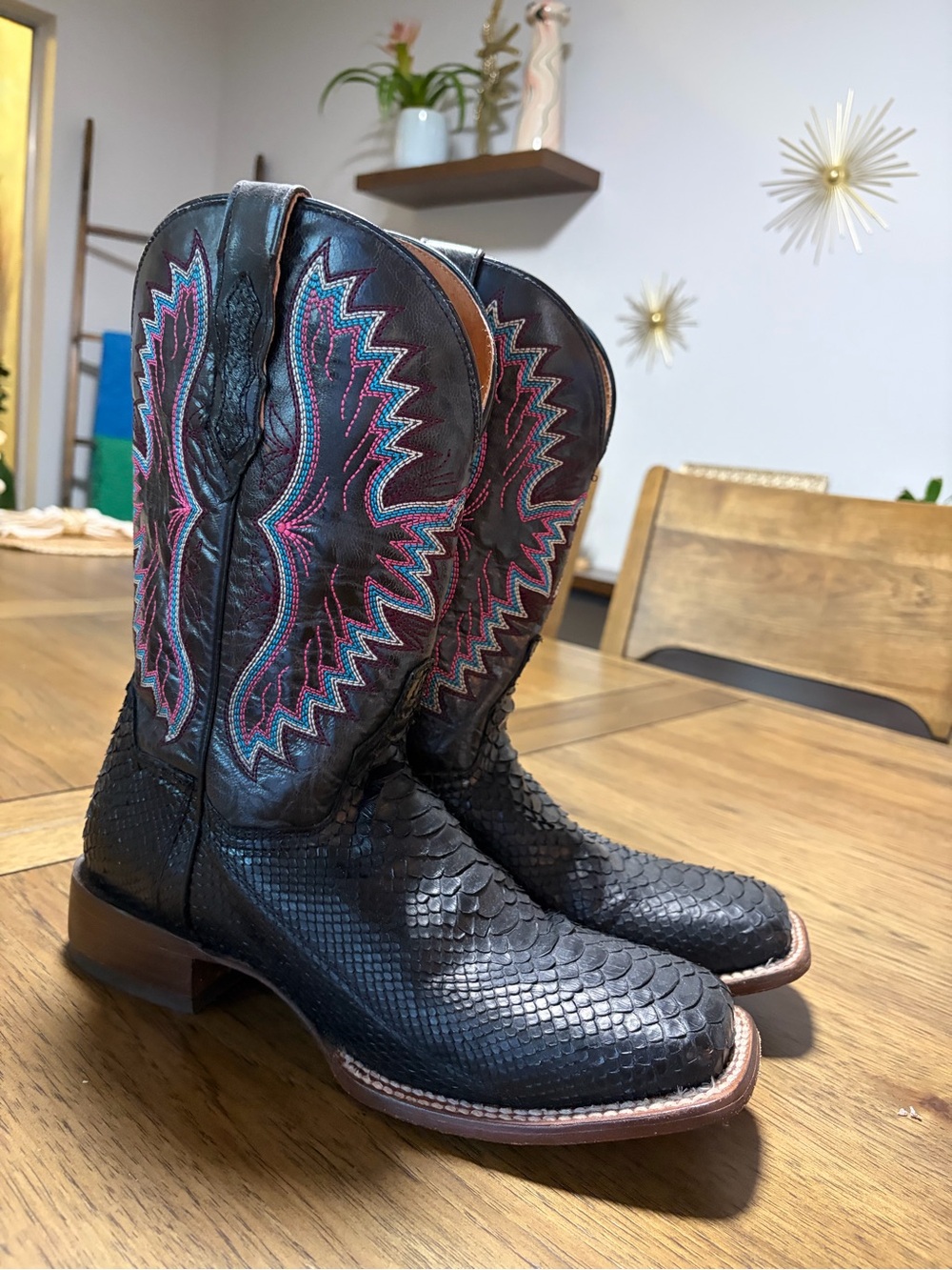 Dan Post Black Python Western Boot with Pink & Teal Stitching - Picture 2 of 16